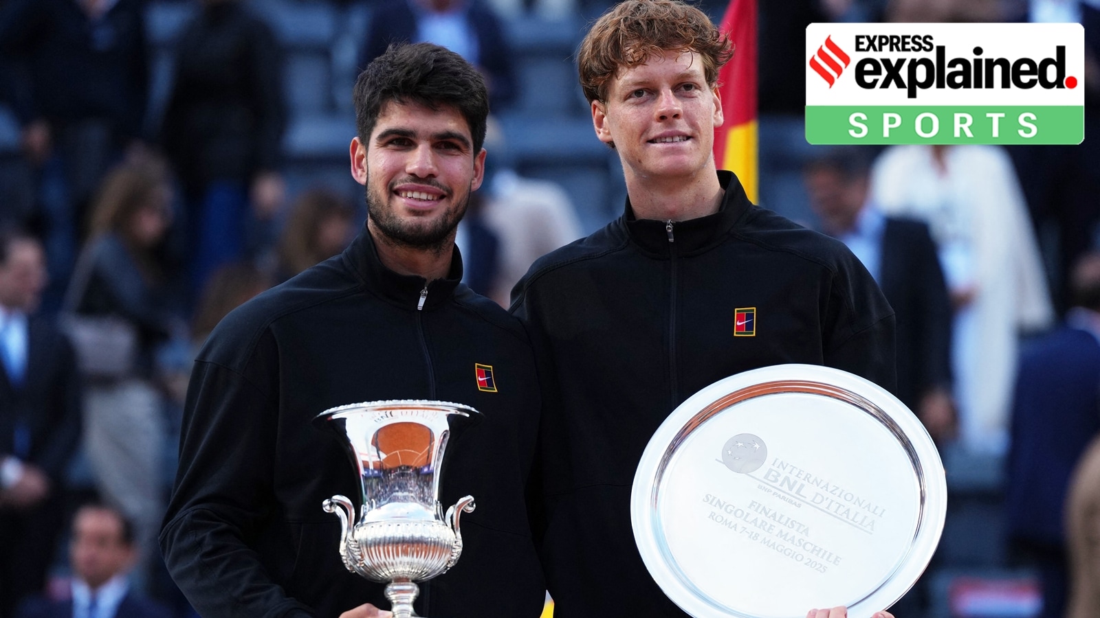 Carlos Alcaraz poses with Jannik Sinner after winning the Italian Open final. Reuters 1747722988