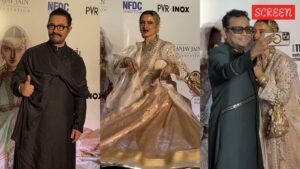 عرض Umrao Jaan: rekha applases abses ar rahman ، والرقص مع أنيل كابور ؛ عامر خان ، هيما ماليني غريس السجادة الحمراء