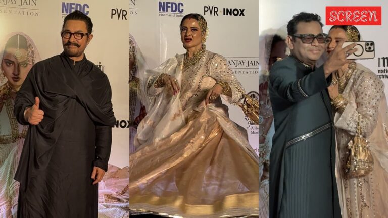 عرض Umrao Jaan: rekha applases abses ar rahman ، والرقص مع أنيل كابور ؛ عامر خان ، هيما ماليني غريس السجادة الحمراء