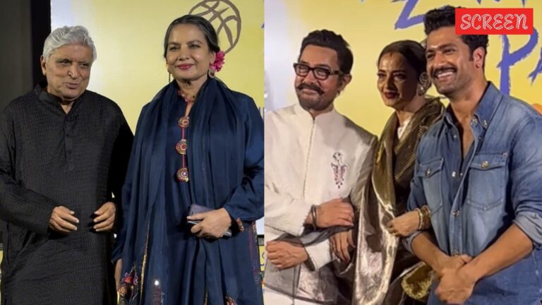 عرض Sitaare Zameen Par: Rekha ، Javed Akhtar ، Vicky Kaushal وآخرون يتجمعون خلف عامر خان ، شاهد الفيديو