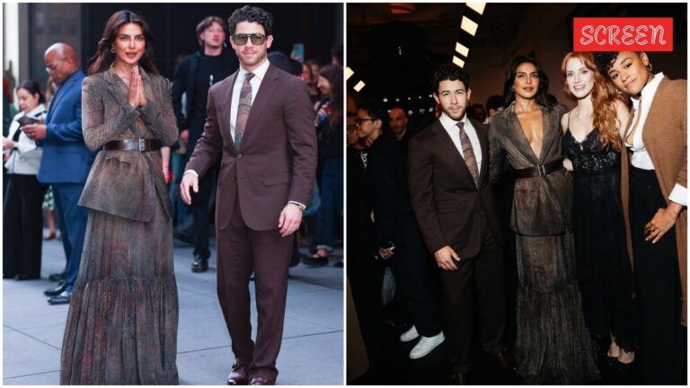 Desi Girl Priyanka Chopra تحية المصور المصور مع “namaste” ، توأم مع نيك جوناس في أسبوع الموضة في نيويورك. يشاهد